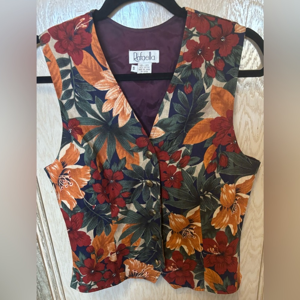 Rafaella Tropical Floral Linen‎ Blend Vest Waistcoat Y2K 90s Size Small